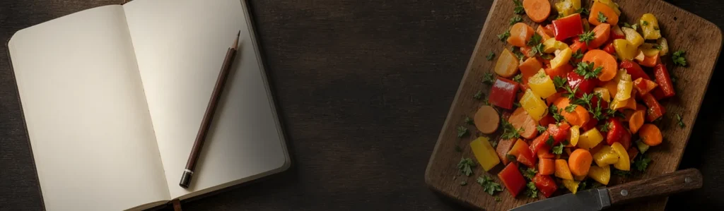 Healthy cooking blog: an open notebook beside a cutting board of chopped fresh vegetables