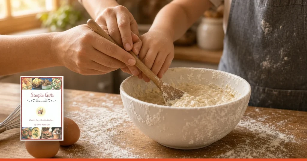 Adult and child hands mixing batter in a bowl together next to the Simple Gifts cookbook