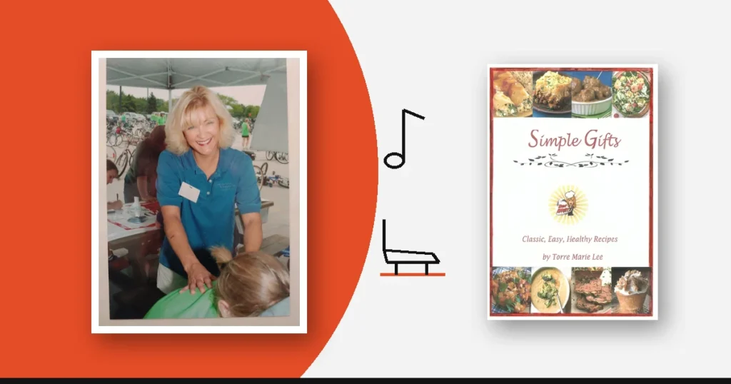 Chef Torre Lee smiling in a blue shirt next to the Simple Gifts cookbook cover